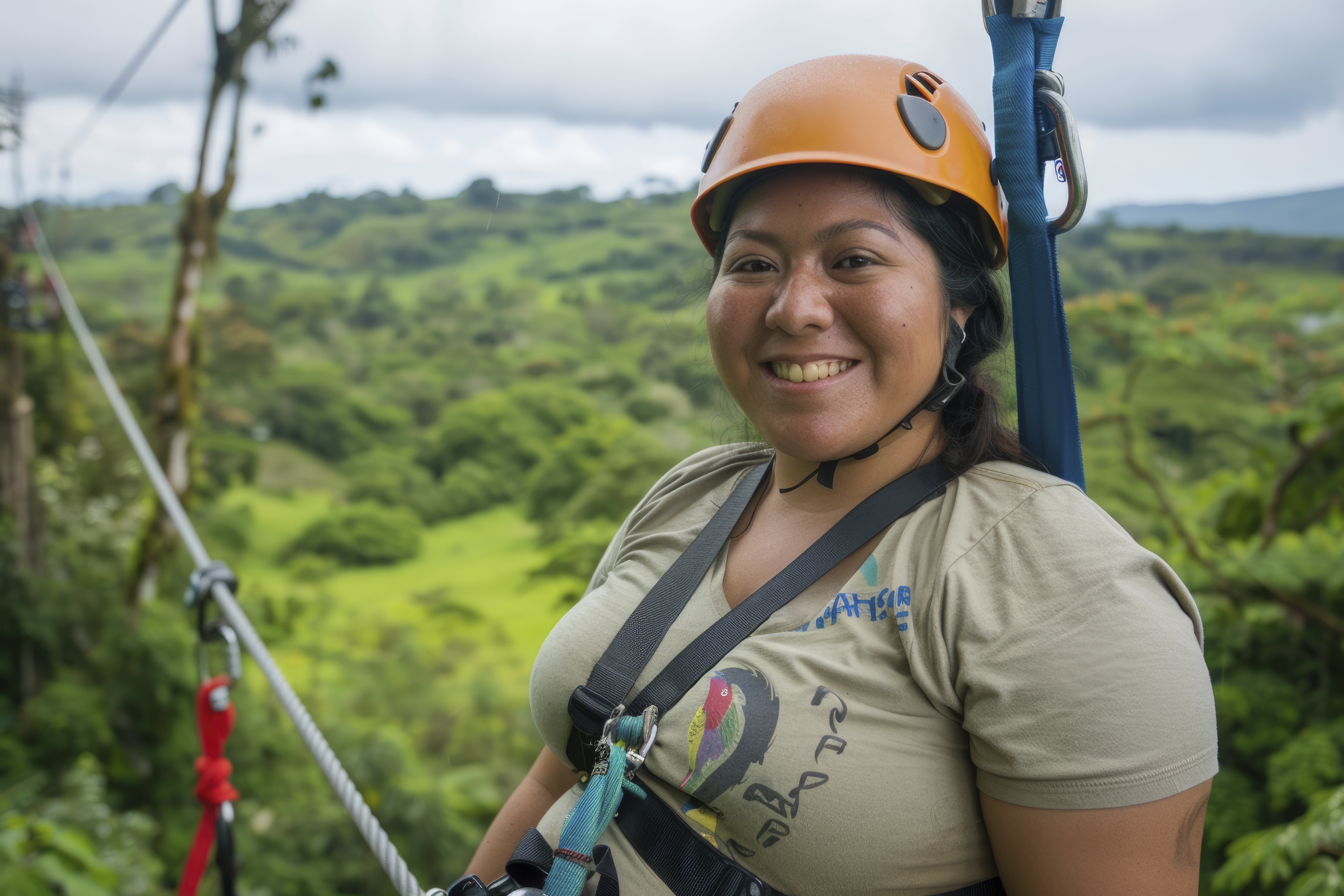 Woman with ziplining gear on a bridge overlooking trees.