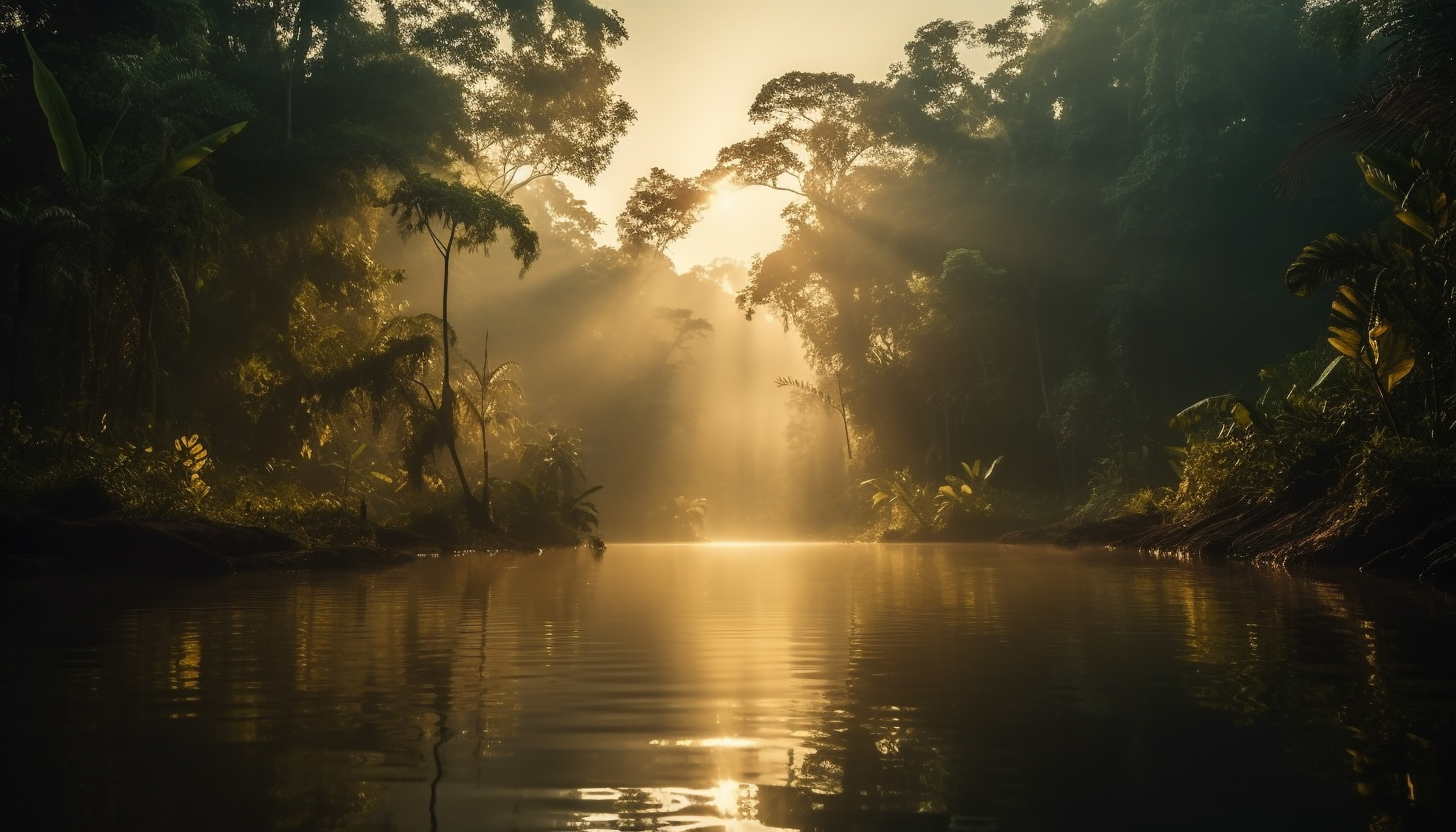 Photograph of river in the Amazon rainforest during sunset
